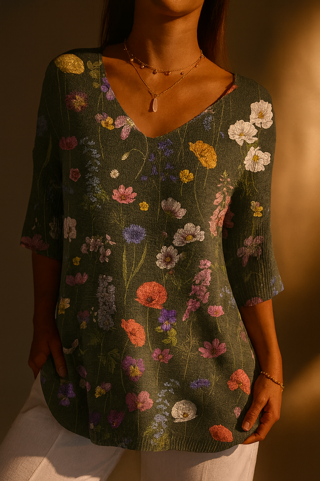 Vibrant Spring Botanical Garden Pattern Printed Women's Casual Pullover Knit